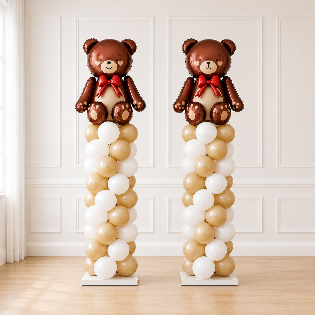Cedarwood Events Signature Teddy Bear Balloon Column featuring a large teddy bear figure with colorful balloons, standing on a decorative base.