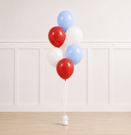 Signature She’s Ready to Pop™ luxury helium balloon bouquet featuring seven 18-inch baby blue, white, and red balloons for a baby shower celebration.