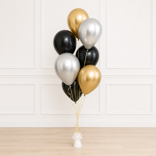 Luxury Black Tie helium balloon bouquet featuring black, gold, and silver balloons by Cedarwood Events in Gloucester, Massachusetts. Perfect for birthdays, graduations, anniversaries, corporate events, and elegant celebrations.